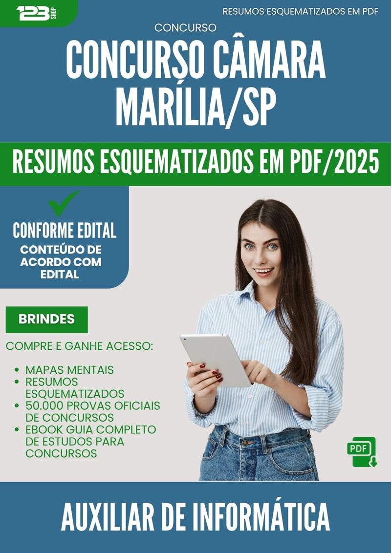 Resumos Esquematizados para Concurso Auxiliar De Informatica Camara da Prefeitura Marilia Sp 2025 - Conteúdo de Acordo com Edital