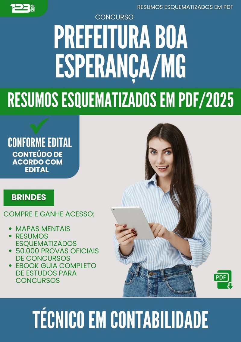 Resumos Esquematizados para Concurso Apostila Tecnico Em Contabilidade da Prefeitura Boa Esperanca Mg 2025 - Conteúdo de Acordo com Edital