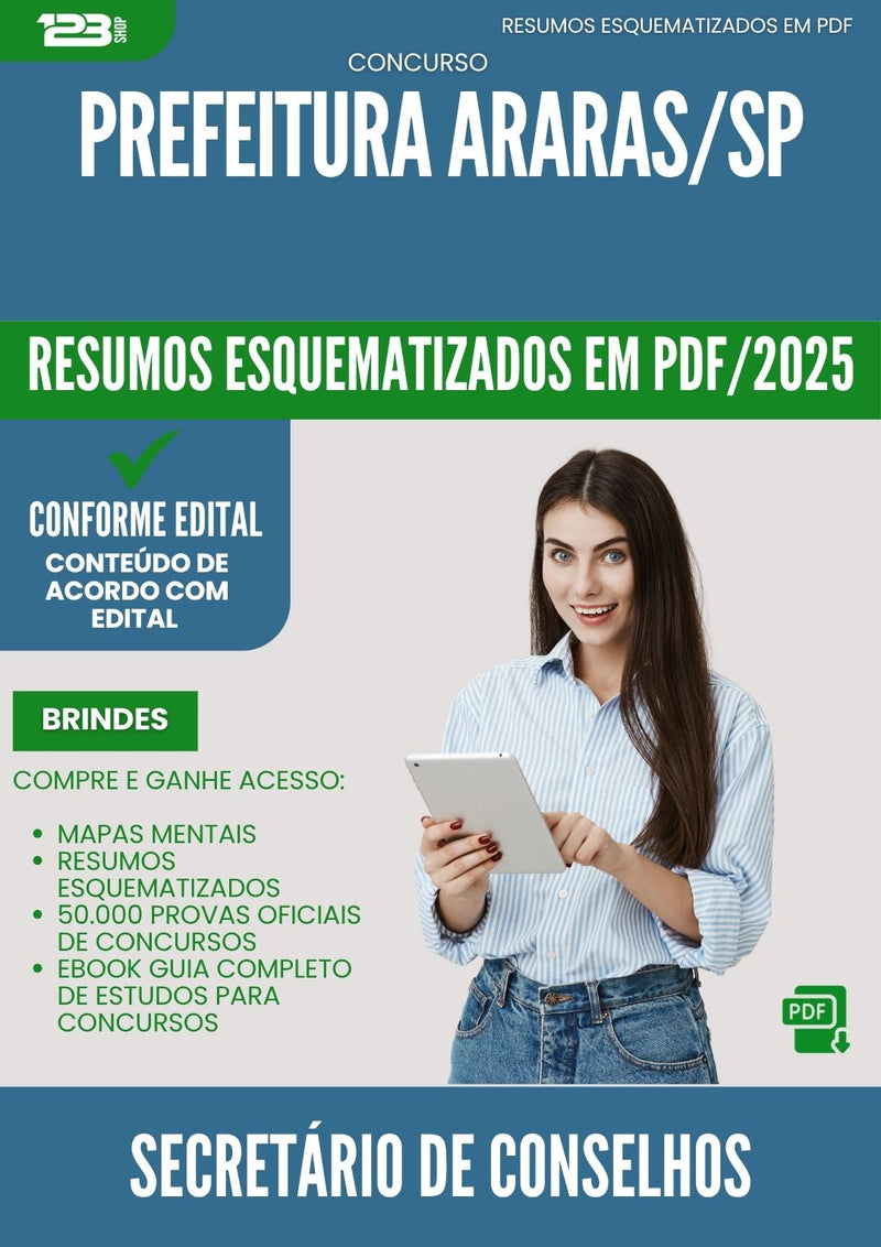Resumos Esquematizados para Concurso Secretario De Conselhos da Prefeitura Araras Sp 2025 - Conteúdo de Acordo com Edital