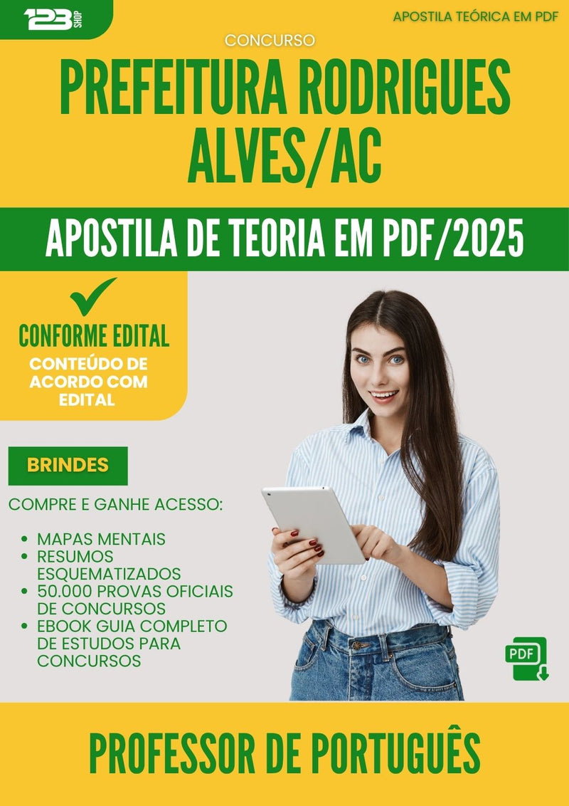 Apostila Teórica para Concurso Professor De Portugues da Prefeitura Rodrigues Alves Ac 2025 - Conteúdo de Acordo com Edital