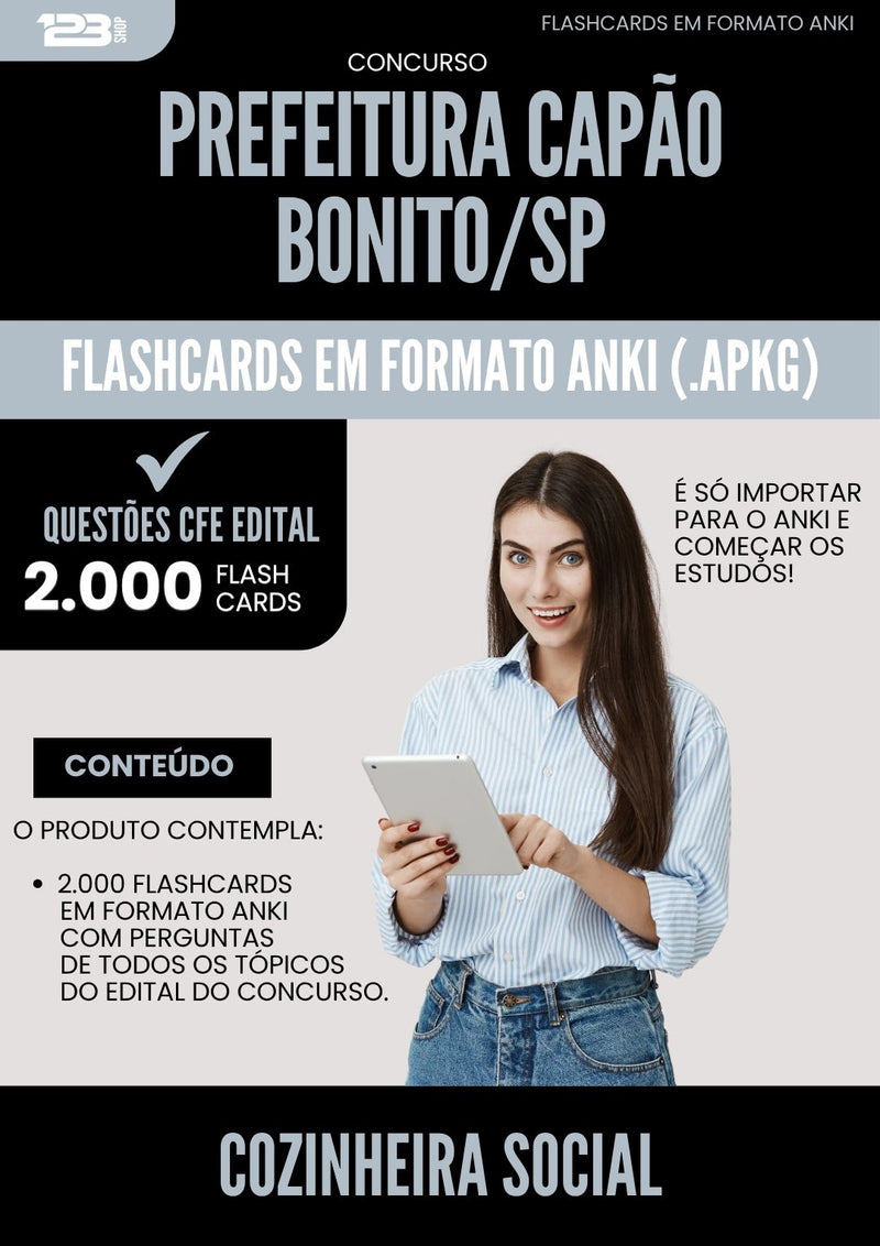 Flashcards para Concurso Cozinheira Social Capao da Prefeitura Bonito Sp 2025 - 2000 Flashcards de Acordo com Edital