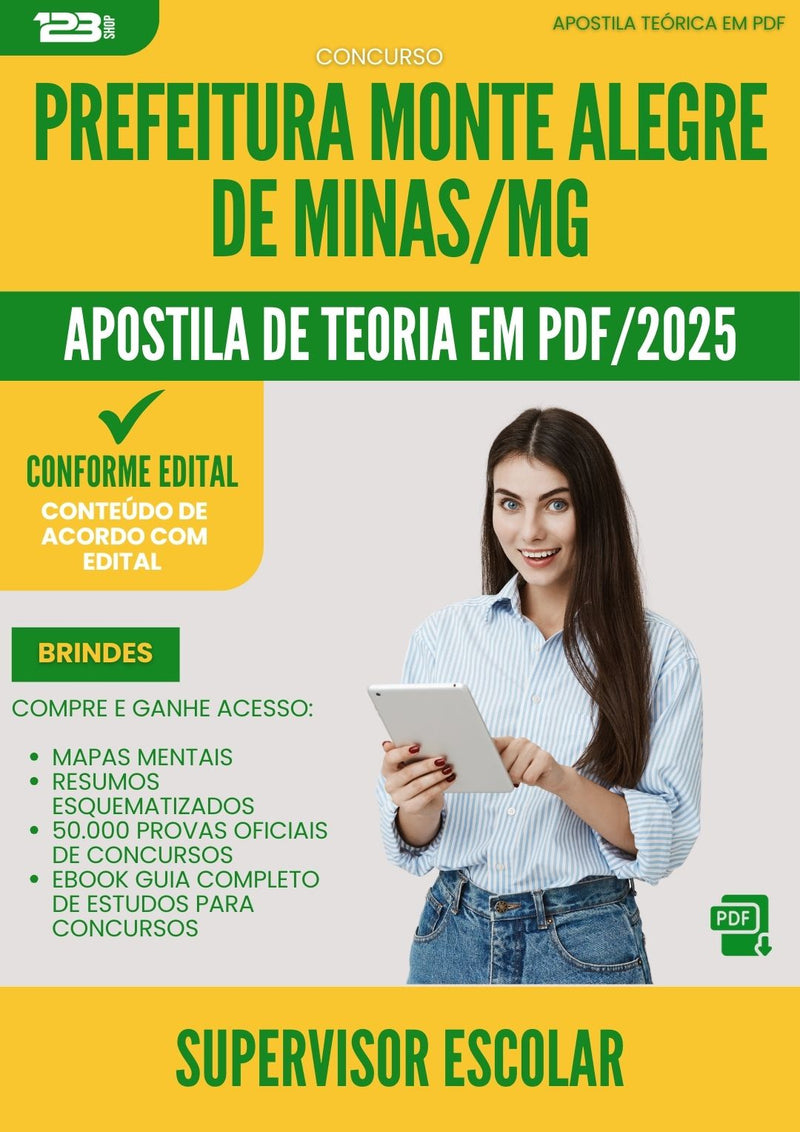 Apostila Teórica para Concurso Supervisor Escolar Monte da Prefeitura Alegre De Minas Mg 2025 - Conteúdo de Acordo com Edital