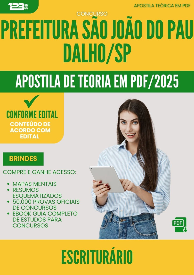 Apostila Teórica para Concurso Escriturario da Prefeitura Sao Joao Do Pau Dalho Sp 2025 - Conteúdo de Acordo com Edital