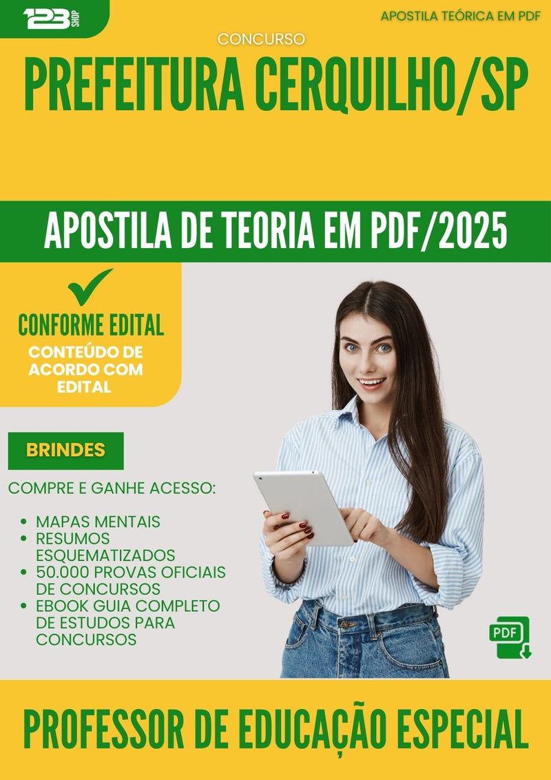Apostila Teórica para Concurso Professor De Educacao Especial da Prefeitura Cerquilho Sp 2025 - Conteúdo de Acordo com Edital