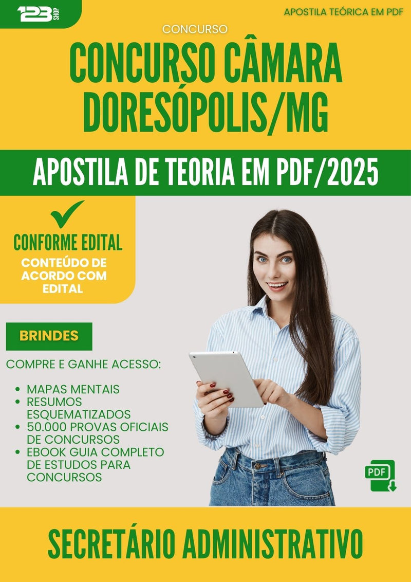 Apostila Teórica para Concurso Secretario Administrativo Camara da Prefeitura Doresopolis Mg 2025 - Conteúdo de Acordo com Edital