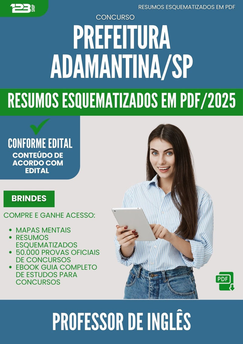 Resumos Esquematizados para Concurso Professor De Ingles da Prefeitura Adamantina Sp 2025 - Conteúdo de Acordo com Edital