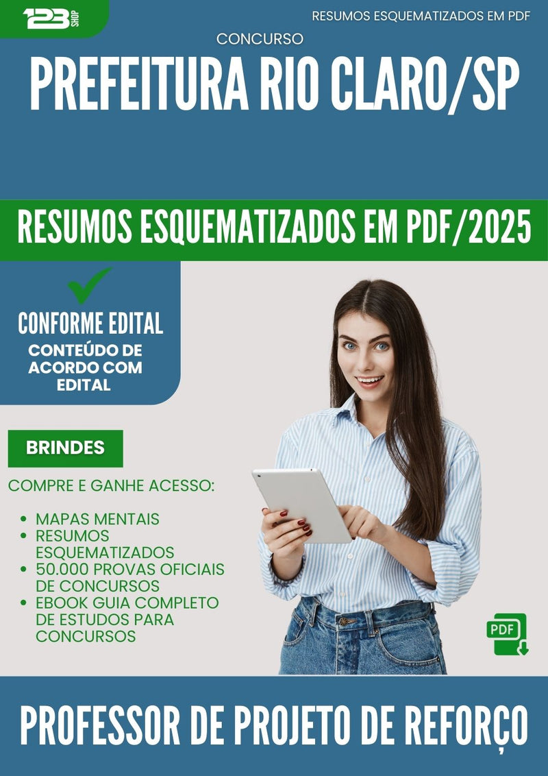 Resumos Esquematizados para Concurso Professor De Projeto De Reforco da Prefeitura Rio Claro Sp 2025 - Conteúdo de Acordo com Edital