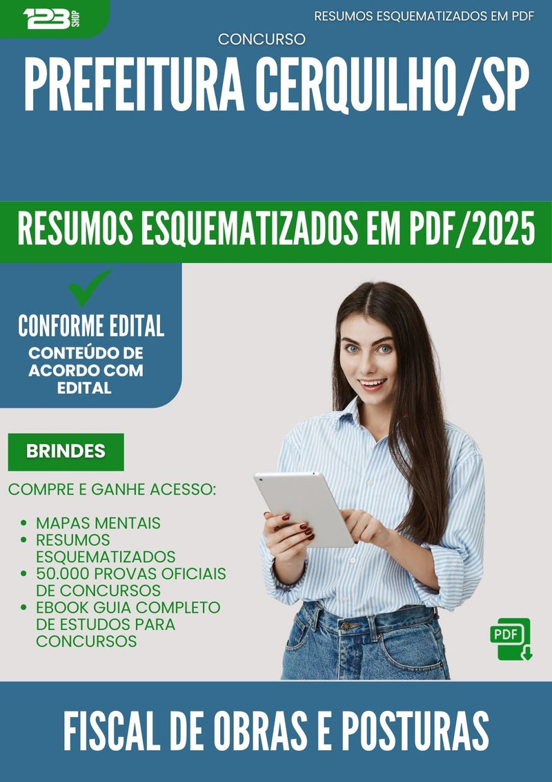 Resumos Esquematizados para Concurso Fiscal De Obras E Posturas da Prefeitura Cerquilho Sp 2025 - Conteúdo de Acordo com Edital