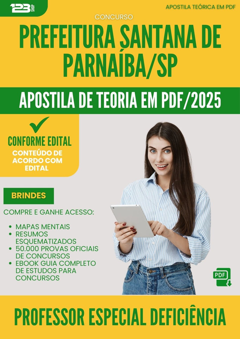 Apostila Teórica para Concurso Santana De da Prefeitura Parnaiba Sp 2025 Professor Especial Deficiencia Visual - Conteúdo de Acordo com Edital