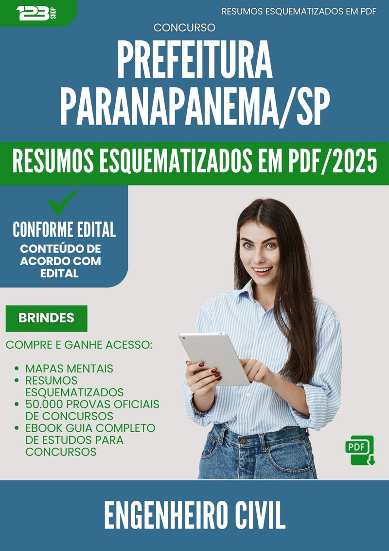 Resumos Esquematizados para Concurso Engenheiro Civil da Prefeitura Paranapanema Sp 2025 - Conteúdo de Acordo com Edital
