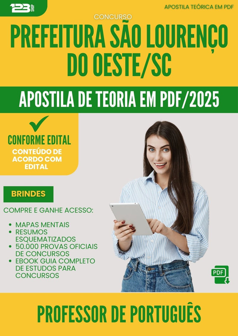 Apostila Teórica para Concurso Professor De Portugues da Prefeitura Sao Lourenco Do Oeste Sc 2025 - Conteúdo de Acordo com Edital
