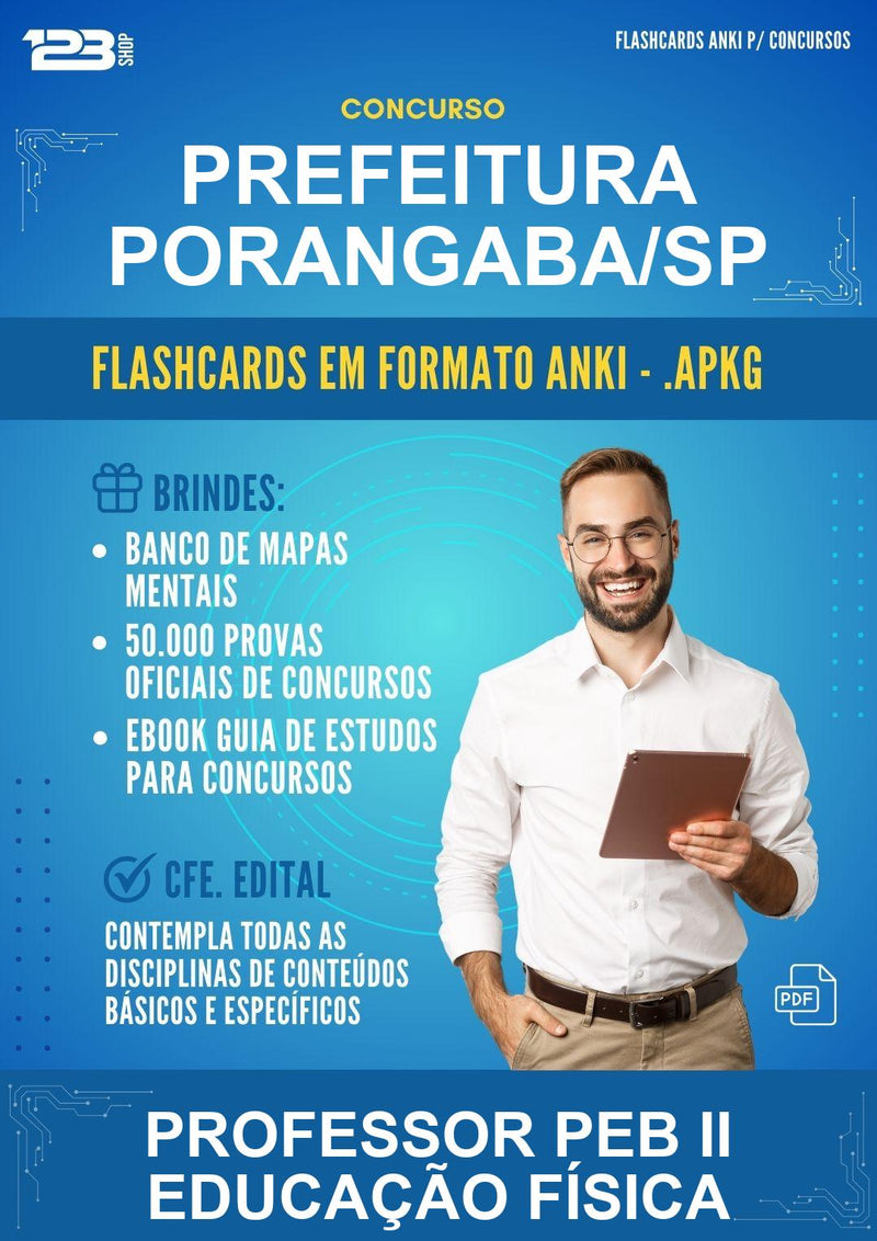 Flashcards Anki para o Concurso Prefeitura Porangaba/SP para Professor Peb Ii Educação Física - 600 Flashcards