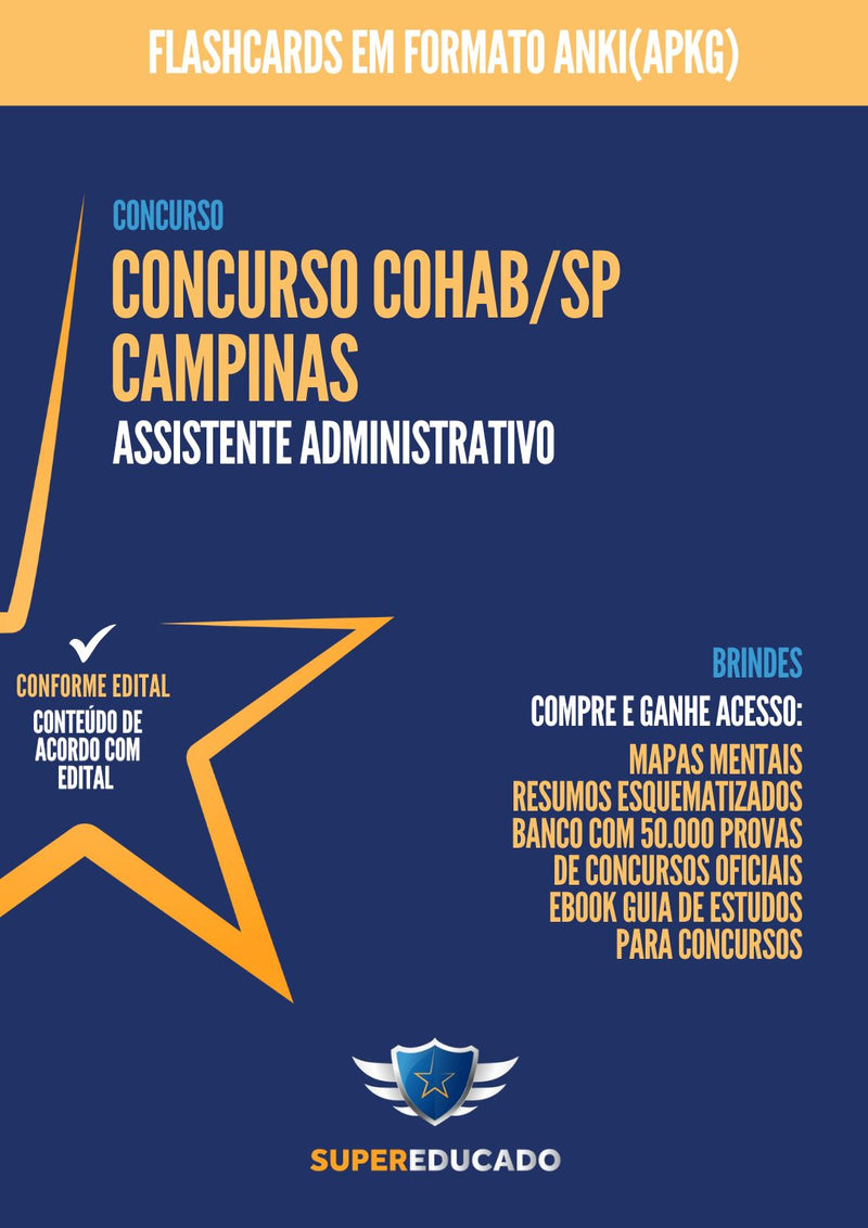 Flashcards para Concurso COHAB/SP Campinas 2024 para Assistente Administrativo - 1.000 Flashcards - Conteúdo de Acordo com Edital