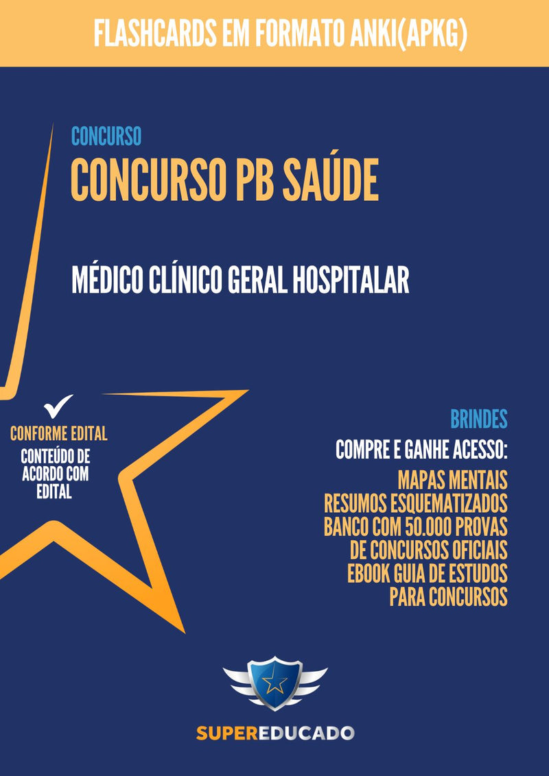 Flashcards para Concurso PB SAÚDE 2024 para Médico Clínico Geral Hospitalar - 1.000 Flashcards - Conteúdo de Acordo com Edital