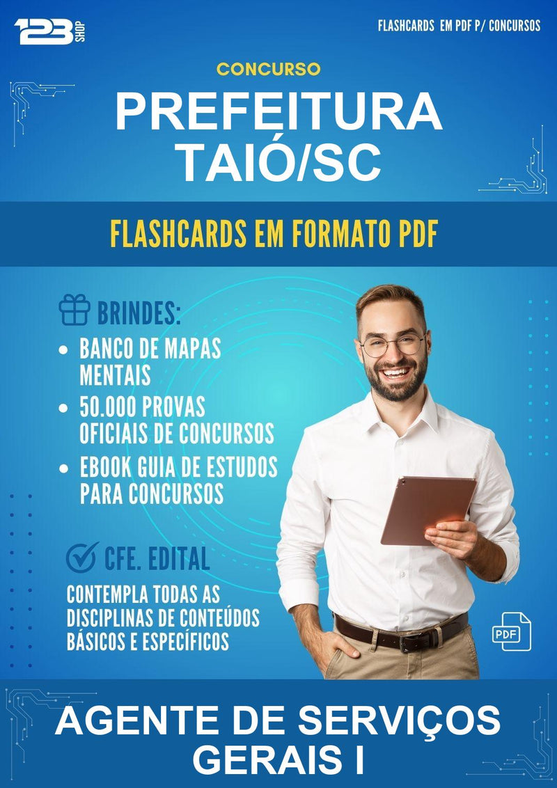 Flashcards em PDF para o Concurso Prefeitura Taió/SC para Agente de Serviços Gerais I - 2000 Flashcards