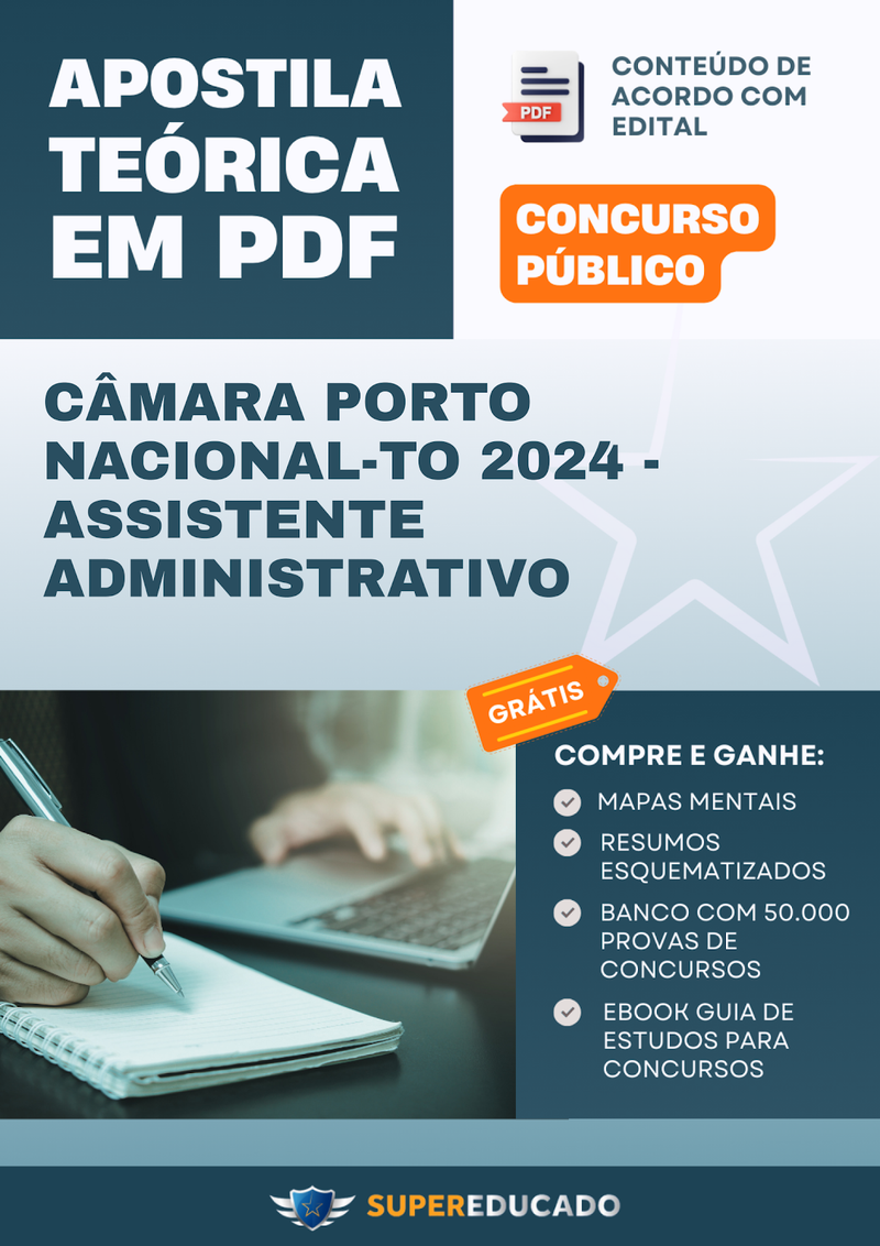 Apostila Teórica para Concurso da Câmara Porto Nacional-TO 2024 - Assistente Administrativo - Com Caderno de Questões