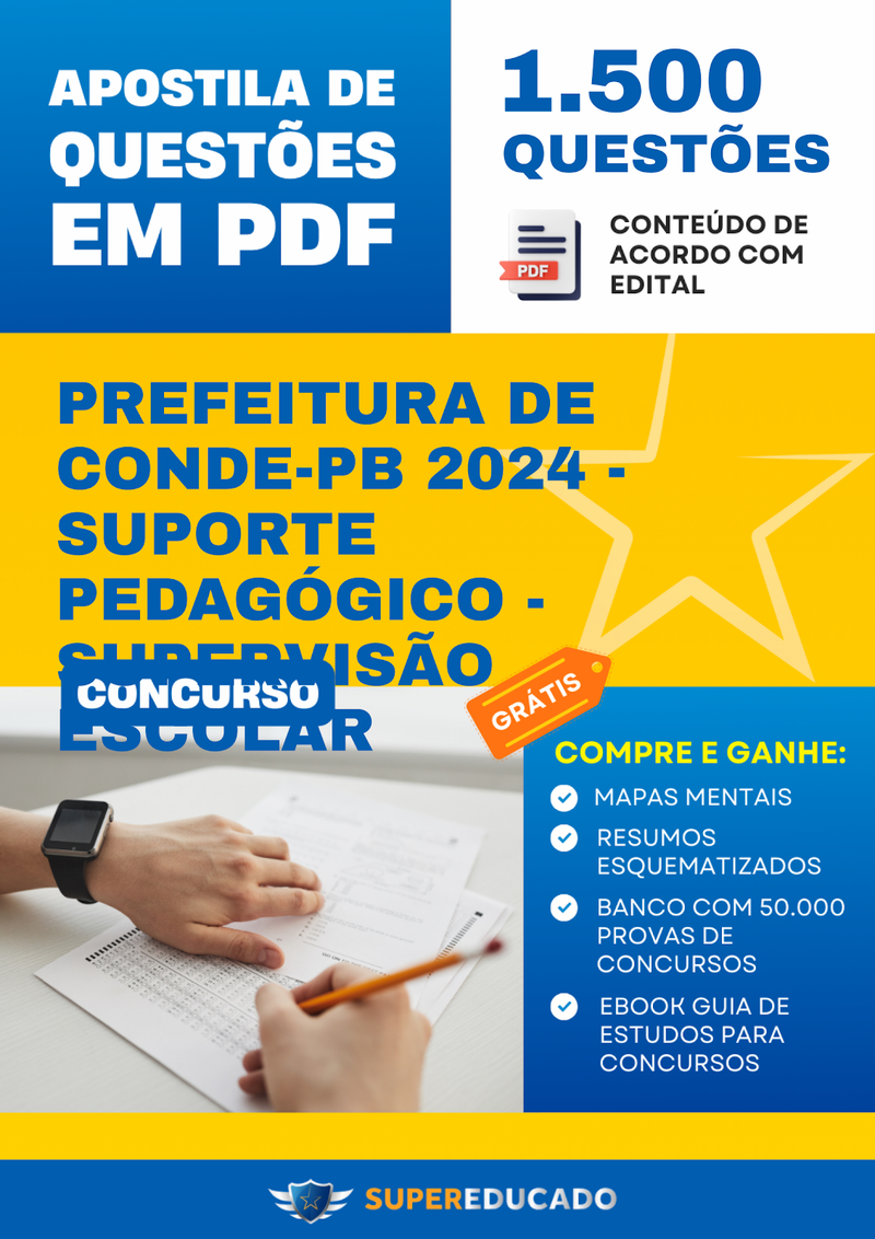 Apostila de Questões para Concurso da Prefeitura de Conde-PB 2024 - Suporte Pedagógico - Supervisão Escolar - 1.500 Questões
