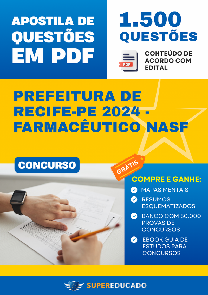 Apostila de Questões para Concurso da Prefeitura de Recife-PE 2024 - Farmacêutico NASF - 1.500 Questões