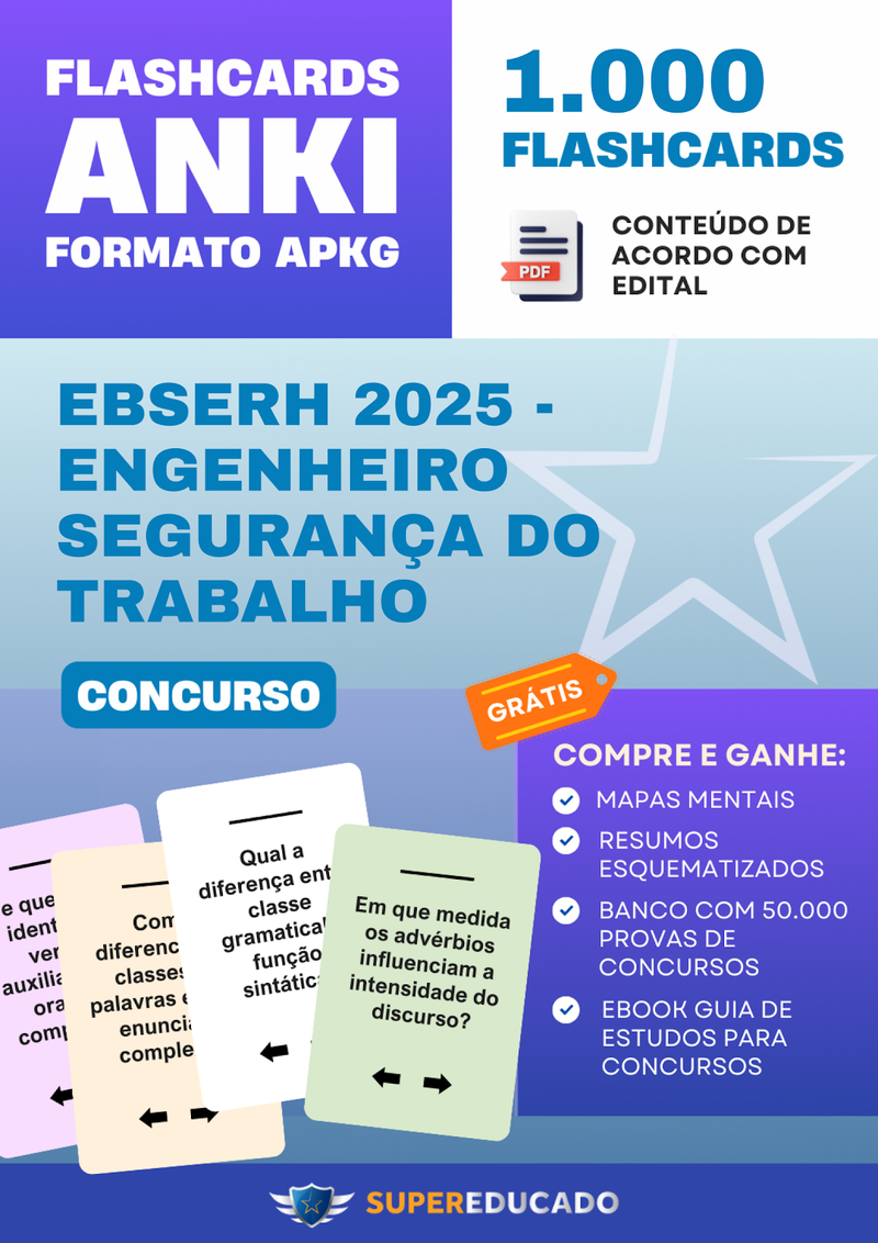 Flashcards para Concurso EBSERH 2025 - Engenheiro Segurança do Trabalho - 1.000 Anki Flashcards