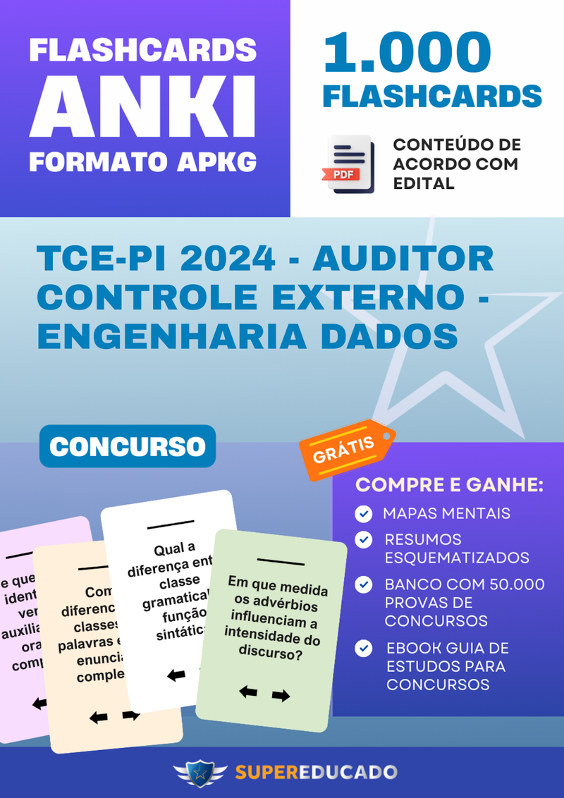 Flashcards para Concurso TCE-PI 2024 - Auditor Controle Externo - Engenharia Dados - 1.000 Anki Flashcards