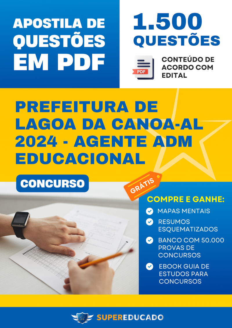 Apostila de Questões para Concurso da Prefeitura de Lagoa da Canoa-AL 2024 - Agente Adm Educacional - 1.500 Questões