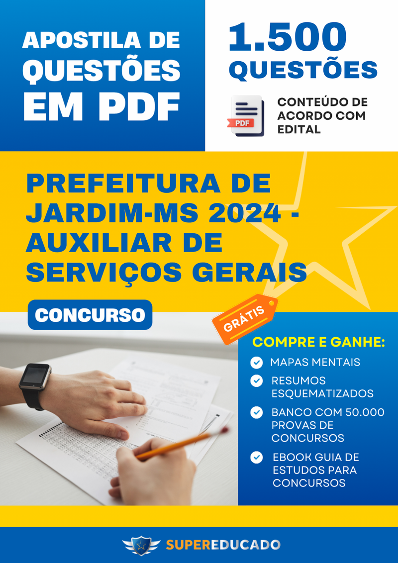 Apostila de Questões para Concurso da Prefeitura de Jardim-MS 2024 - Auxiliar de Serviços Gerais - 1.500 Questões