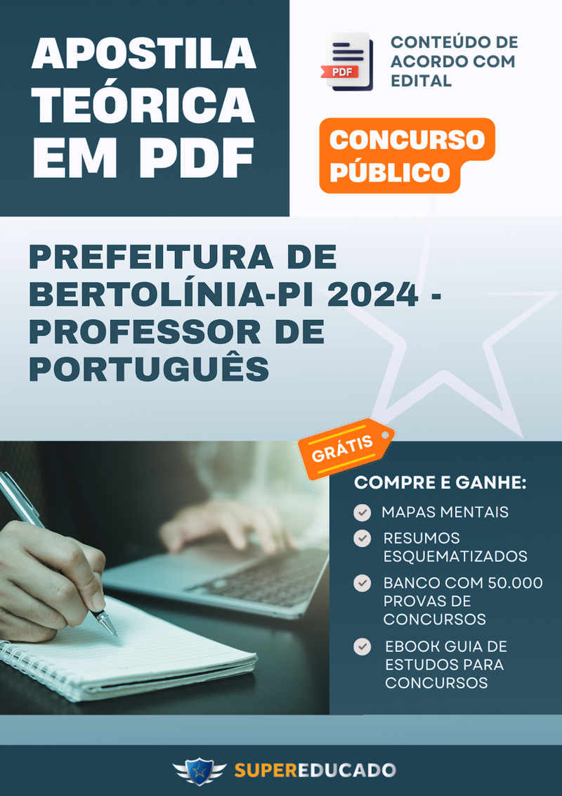 Apostila Teórica para Concurso da Prefeitura de Bertolínia-PI 2024 - Professor de Português - Com Caderno de Questões