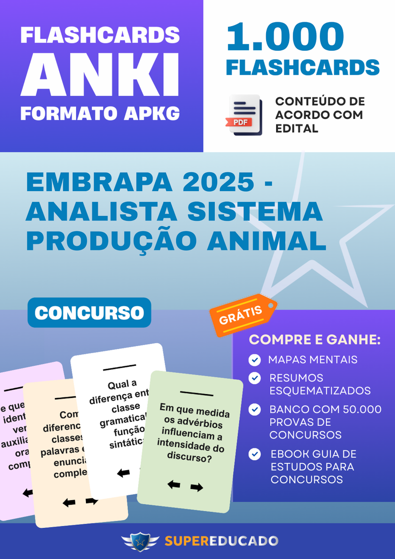 Flashcards para Concurso EMBRAPA 2025 - Analista Sistema Produção Animal - 1.000 Anki Flashcards