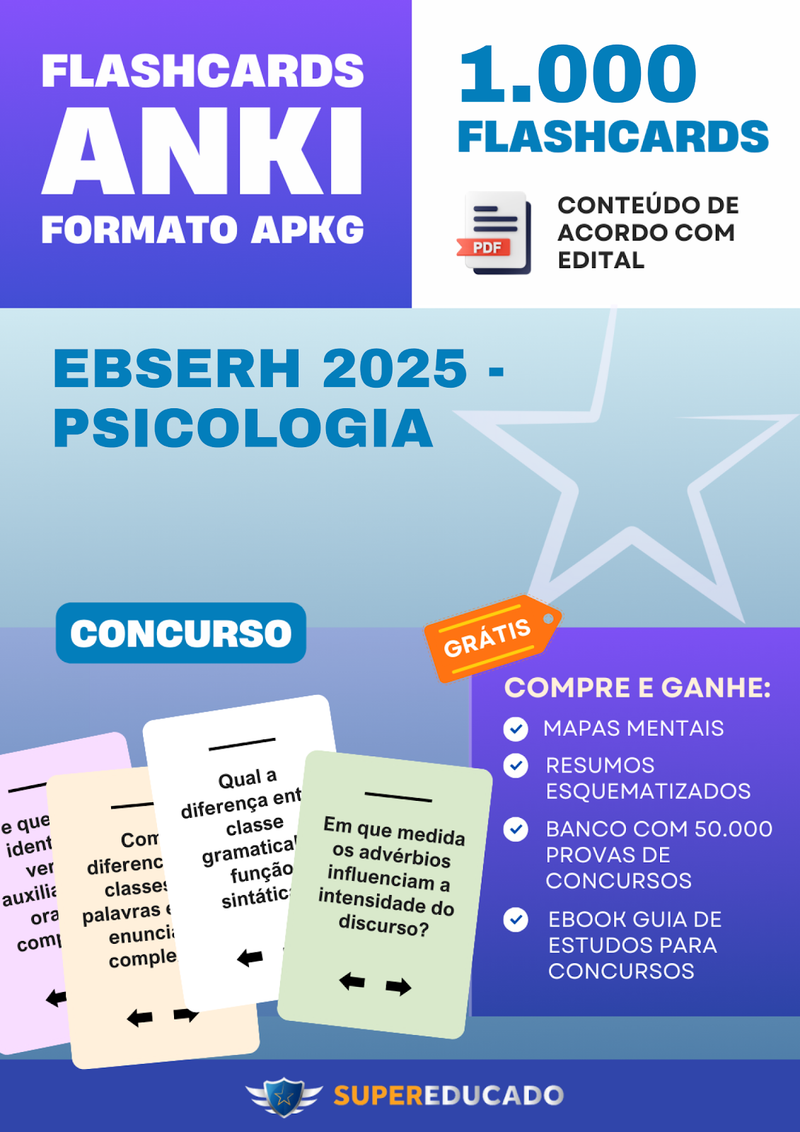 Flashcards para Concurso EBSERH 2025 - Psicologia - 1.000 Anki Flashcards