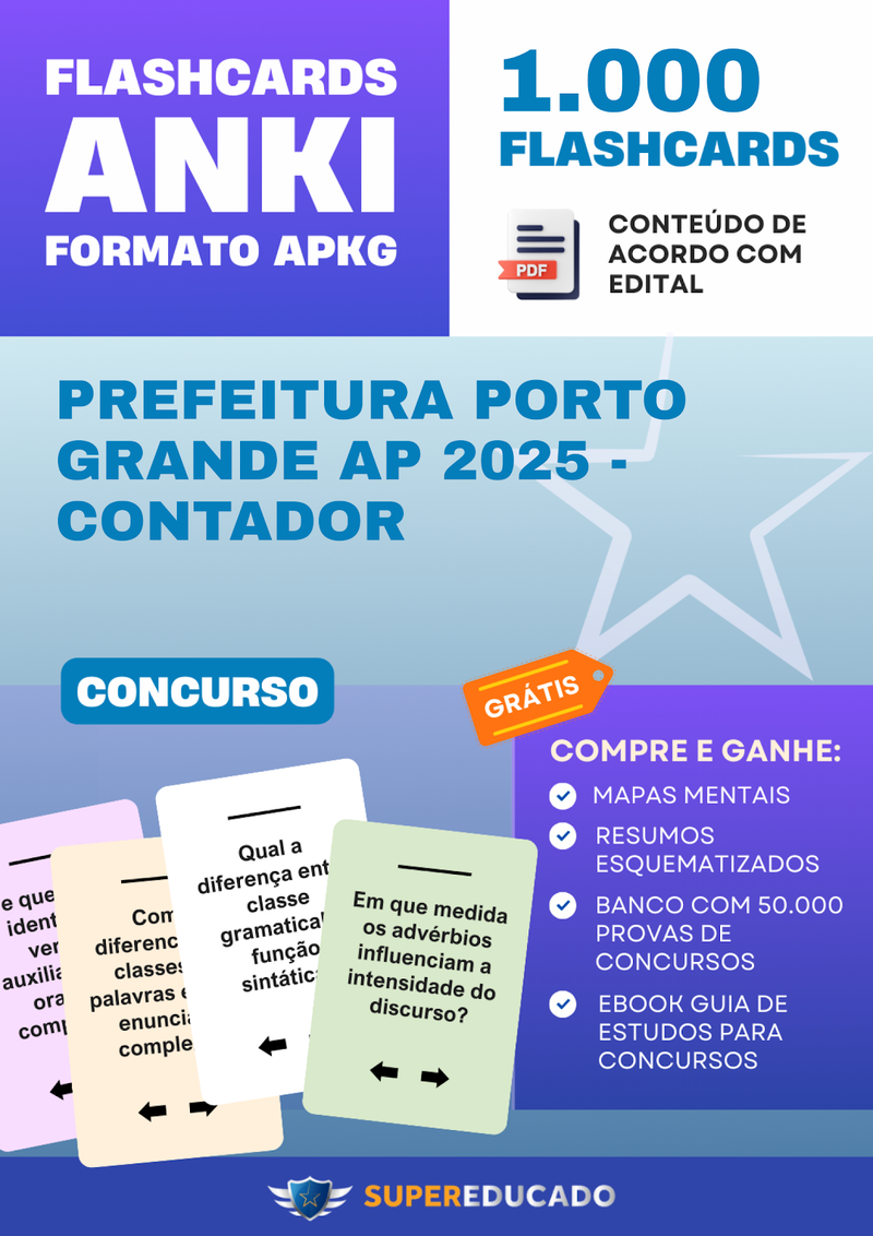 Flashcards para Concurso da Prefeitura Porto Grande AP 2025 - Contador - 1.000 Anki Flashcards