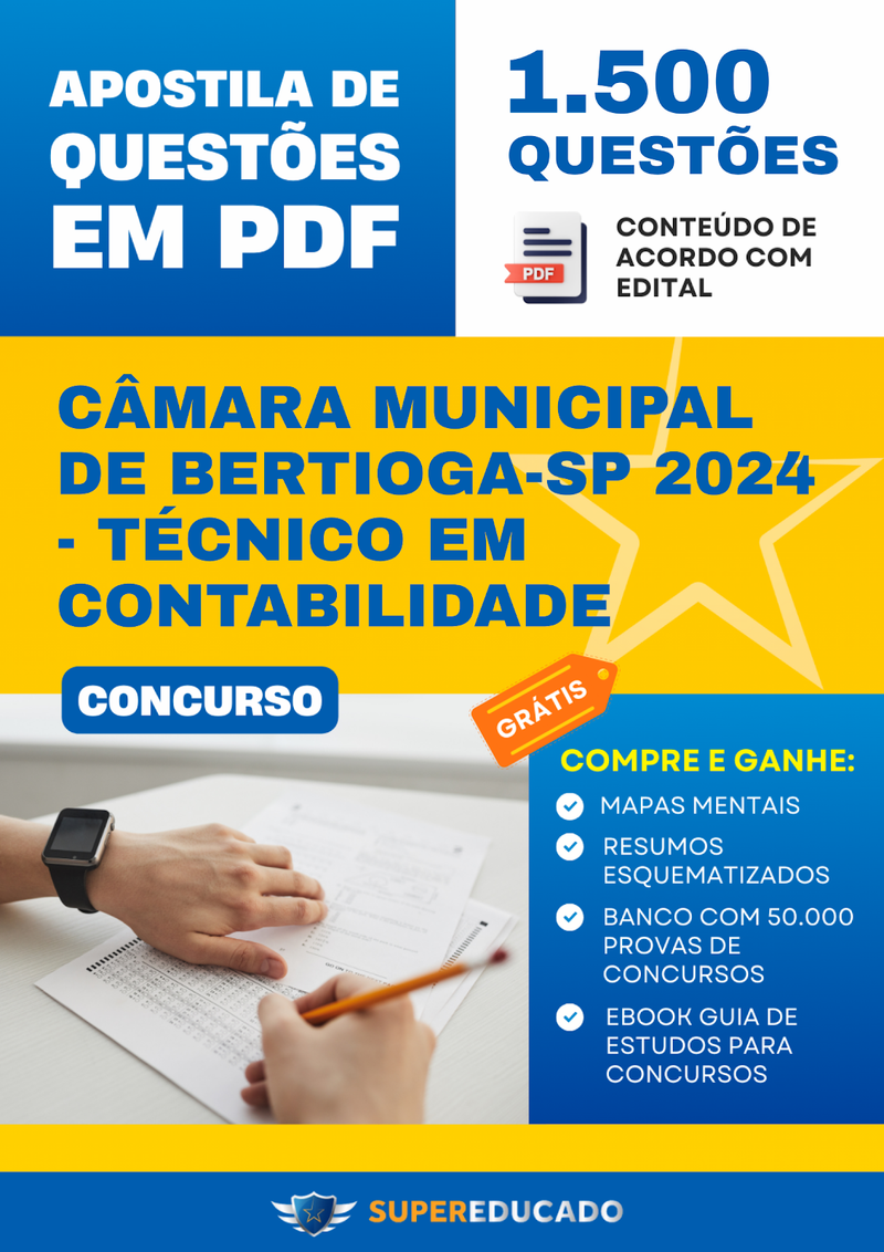 Apostila de Questões para Concurso da Câmara Municipal de Bertioga-SP 2024 - Técnico em Contabilidade - 1.500 Questões
