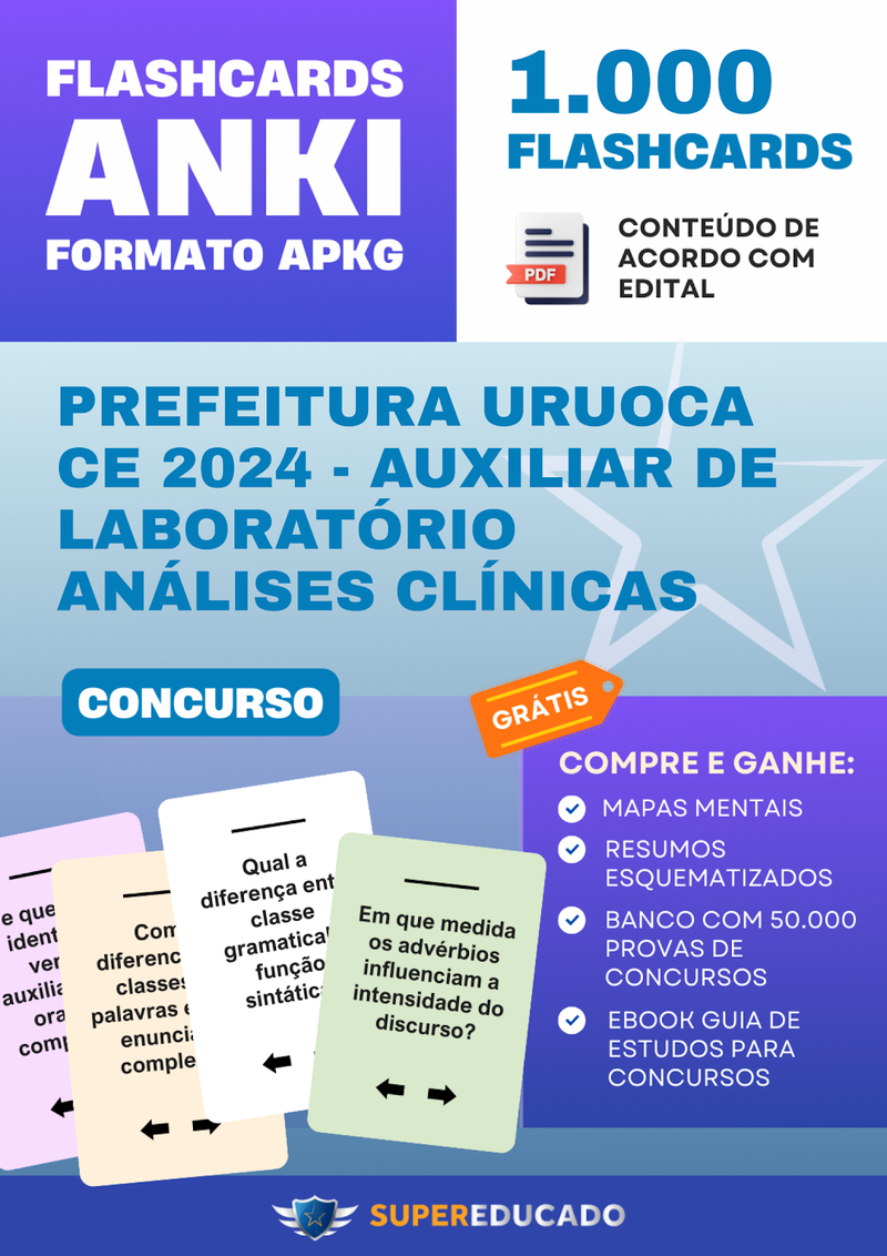 Flashcards para Concurso da Prefeitura Uruoca CE 2024 - Auxiliar de Laboratório Análises Clínicas - 1.000 Anki Flashcards