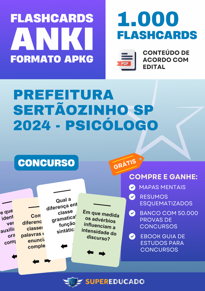Flashcards para Concurso da Prefeitura Sertãozinho SP 2024 - Psicólogo - 1.000 Anki Flashcards