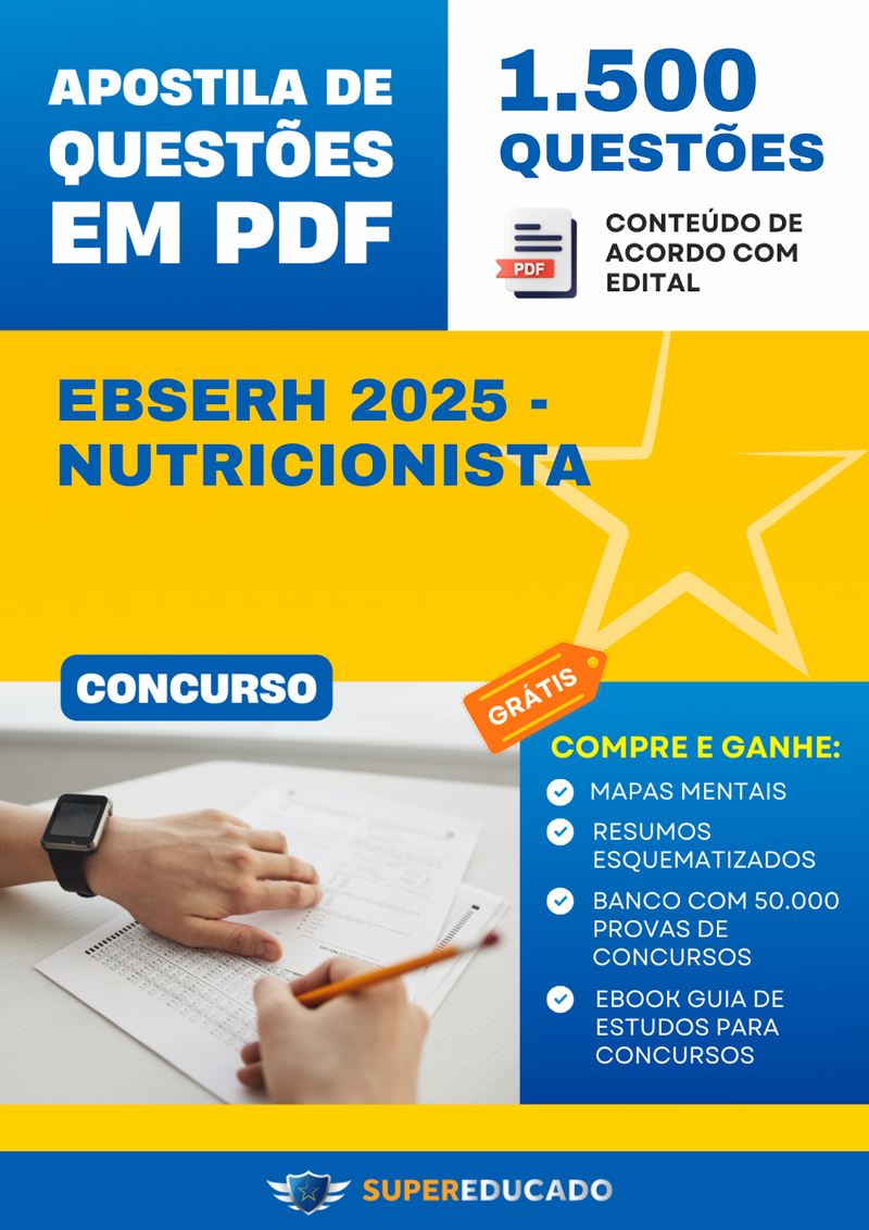 Apostila de Questões para Concurso EBSERH 2025 - Nutricionista - 1.500 Questões