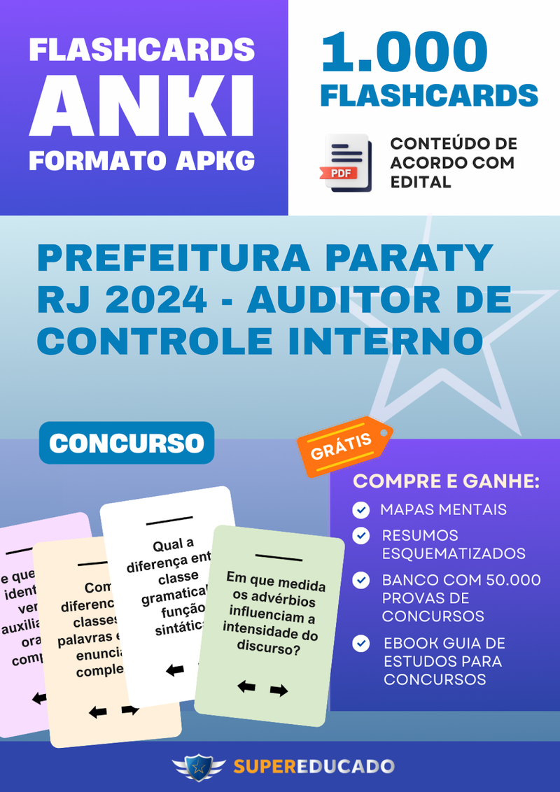 Flashcards para Concurso da Prefeitura Paraty RJ 2024 - Auditor de Controle Interno - 1.000 Anki Flashcards