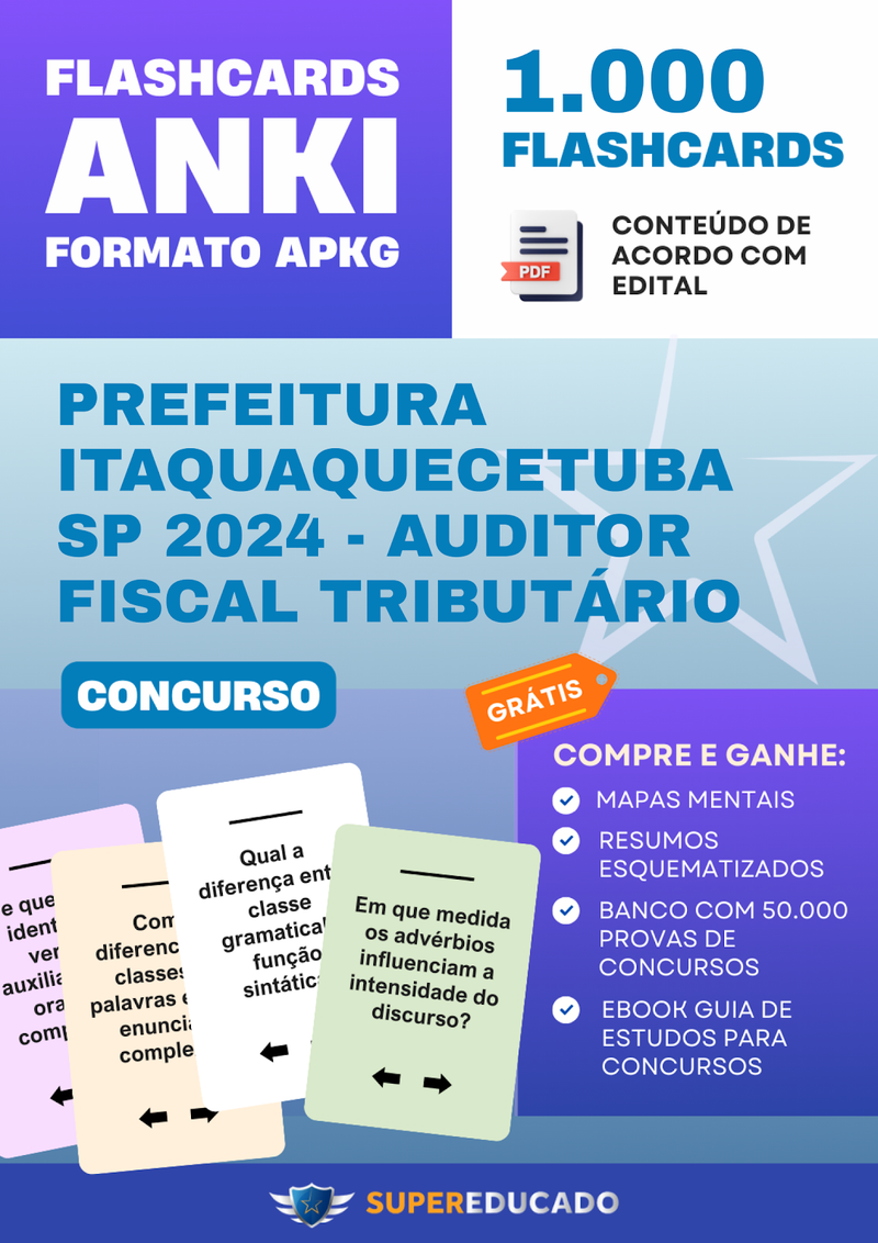 Flashcards para Concurso da Prefeitura Itaquaquecetuba SP 2024 - Auditor Fiscal Tributário - 1.000 Anki Flashcards