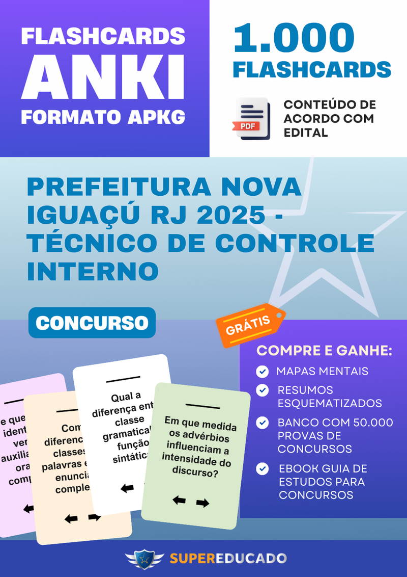 Flashcards para Concurso da Prefeitura Nova Iguaçú RJ 2025 - Técnico de Controle Interno - 1.000 Anki Flashcards