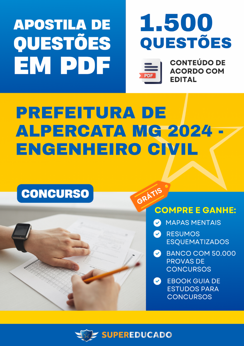 Apostila de Questões para Concurso da Prefeitura de Alpercata MG 2024 - Engenheiro Civil - 1.500 Questões