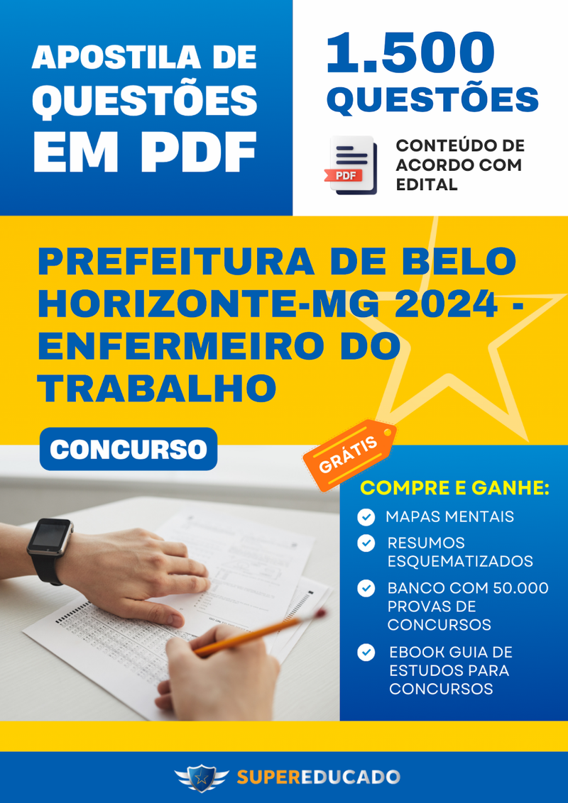 Apostila de Questões para Concurso da Prefeitura de Belo Horizonte-MG 2024 - Enfermeiro do Trabalho - 1.500 Questões