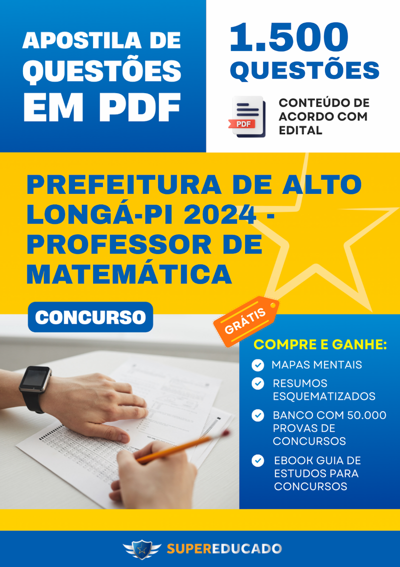 Apostila de Questões para Concurso da Prefeitura de Alto Longá-PI 2024 - Professor de Matemática - 1.500 Questões