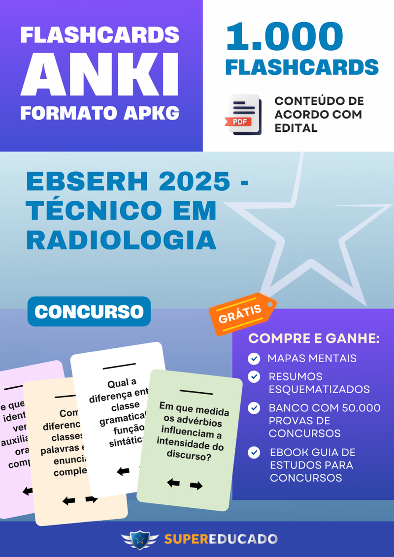Flashcards para Concurso EBSERH 2025 - Técnico em Radiologia - 1.000 Anki Flashcards