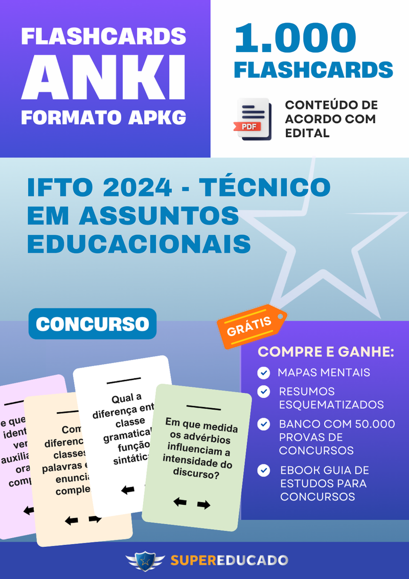 Flashcards para Concurso IFTO 2024 - Técnico em Assuntos Educacionais - 1.000 Anki Flashcards