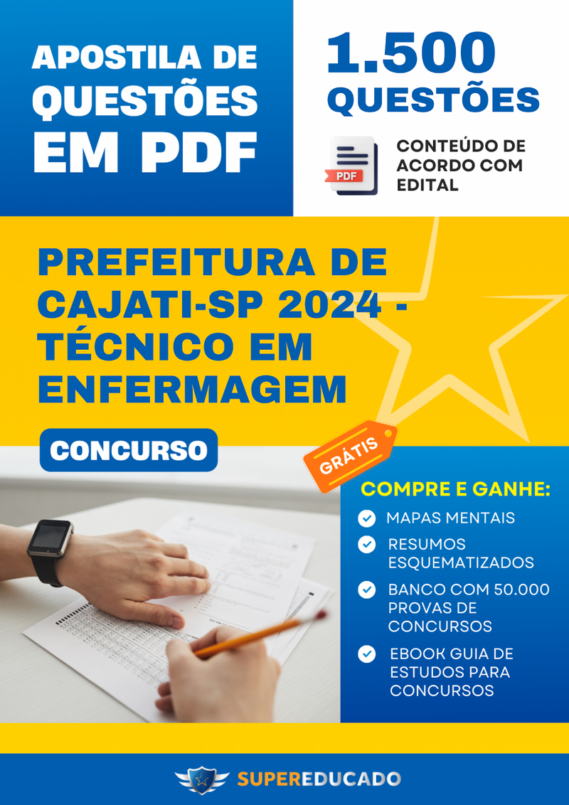 Apostila de Questões para Concurso da Prefeitura de Cajati-SP 2024 - Técnico em Enfermagem - 1.500 Questões