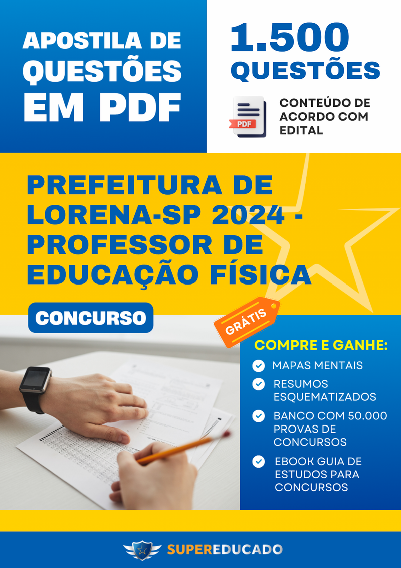Apostila de Questões para Concurso da Prefeitura de Lorena-SP 2024 - Professor de Educação Física - 1.500 Questões