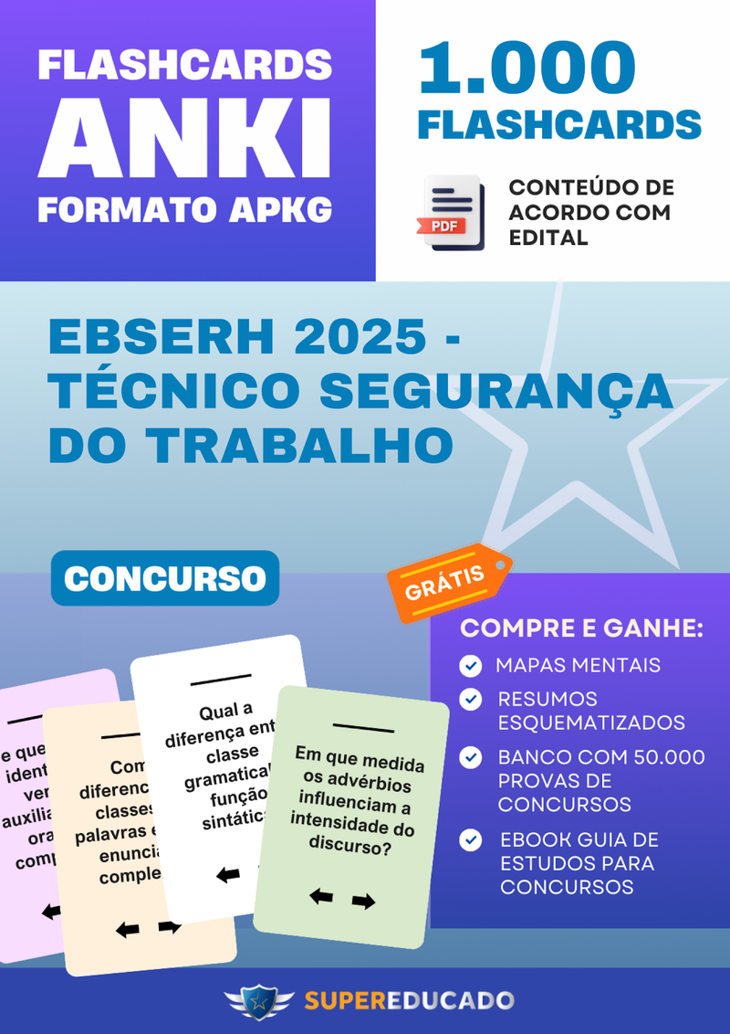 Flashcards para Concurso EBSERH 2025 - Técnico Segurança do Trabalho - 1.000 Anki Flashcards