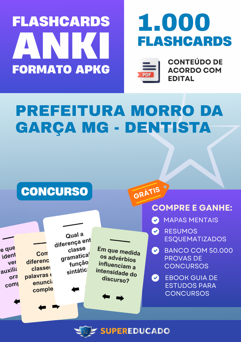 Flashcards para Concurso da Prefeitura Morro da Garça MG - Dentista - 1.000 Anki Flashcards