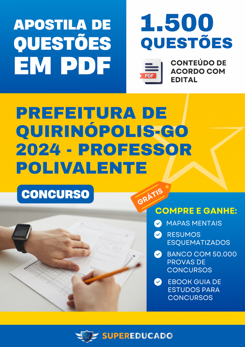Apostila de Questões para Concurso da Prefeitura de Quirinópolis-GO 2024 - Professor Polivalente - 1.500 Questões