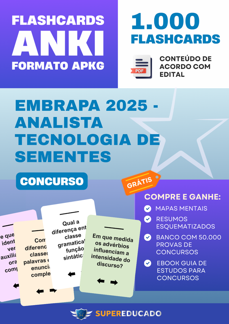 Flashcards para Concurso EMBRAPA 2025 - Analista Tecnologia de Sementes - 1.000 Anki Flashcards