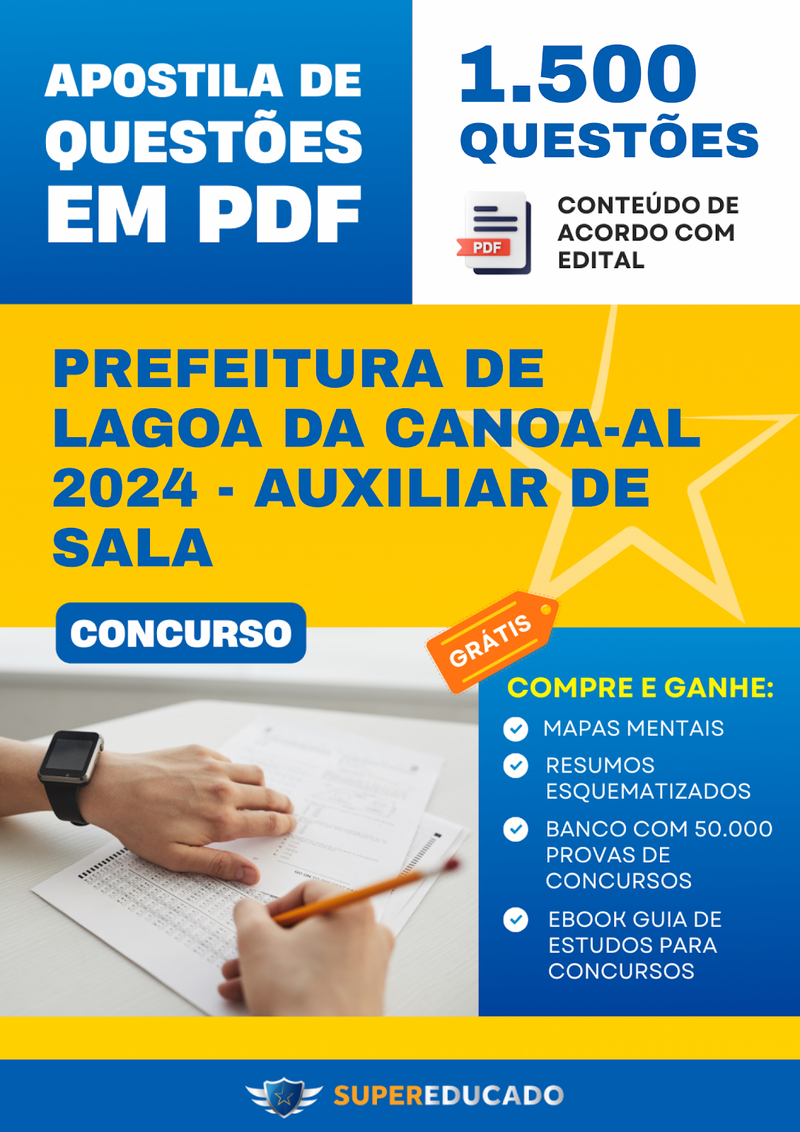 Apostila de Questões para Concurso da Prefeitura de Lagoa da Canoa-AL 2024 - Auxiliar de Sala - 1.500 Questões