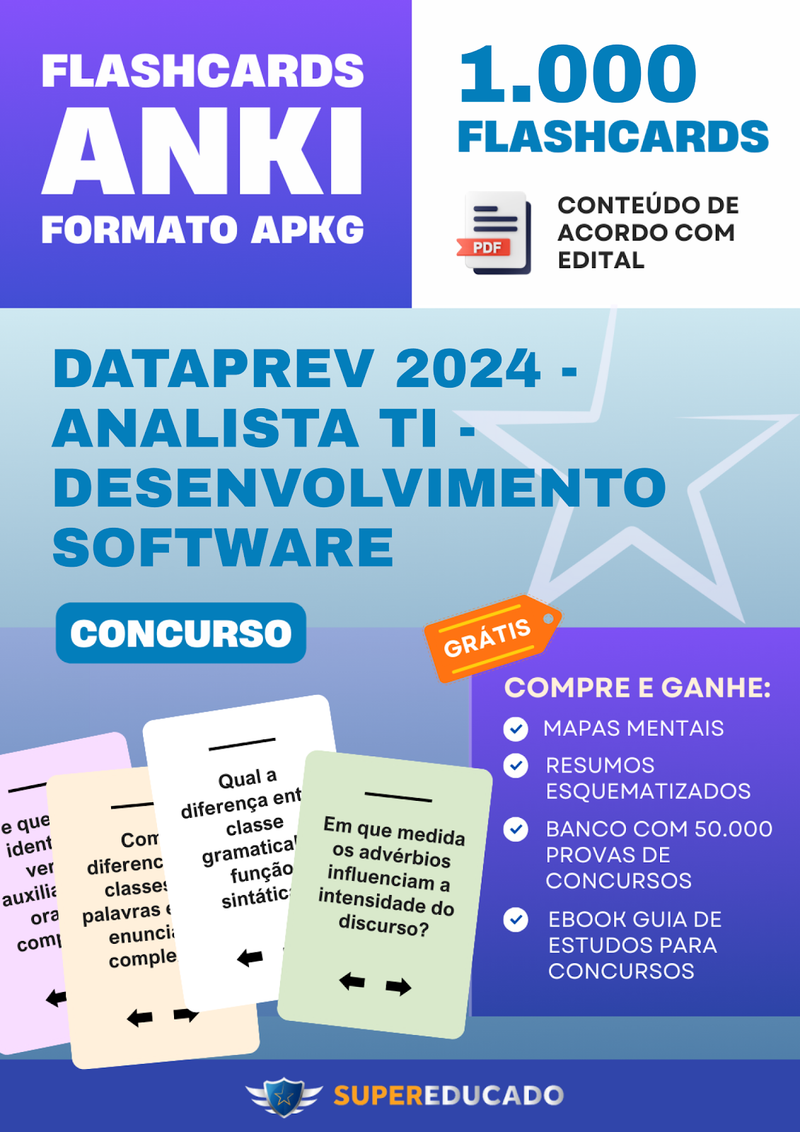 Flashcards para Concurso DATAPREV 2024 - Analista TI - Desenvolvimento Software - 1.000 Anki Flashcards